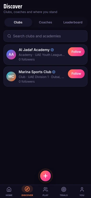 Browsing clubs, coaches and the leaderboard